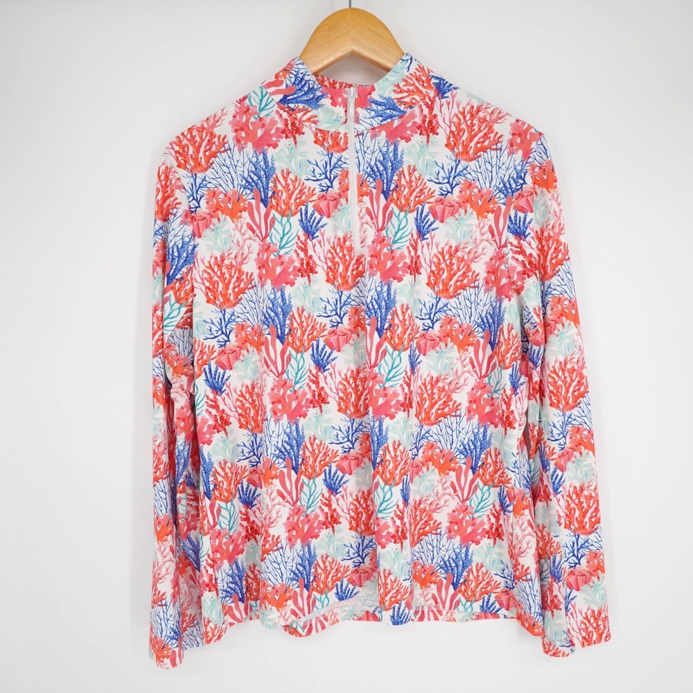 Gottex 1/4 Zip Pullover Shirt Womens XL Blue Red Coral Print Tennis Golf UPF50